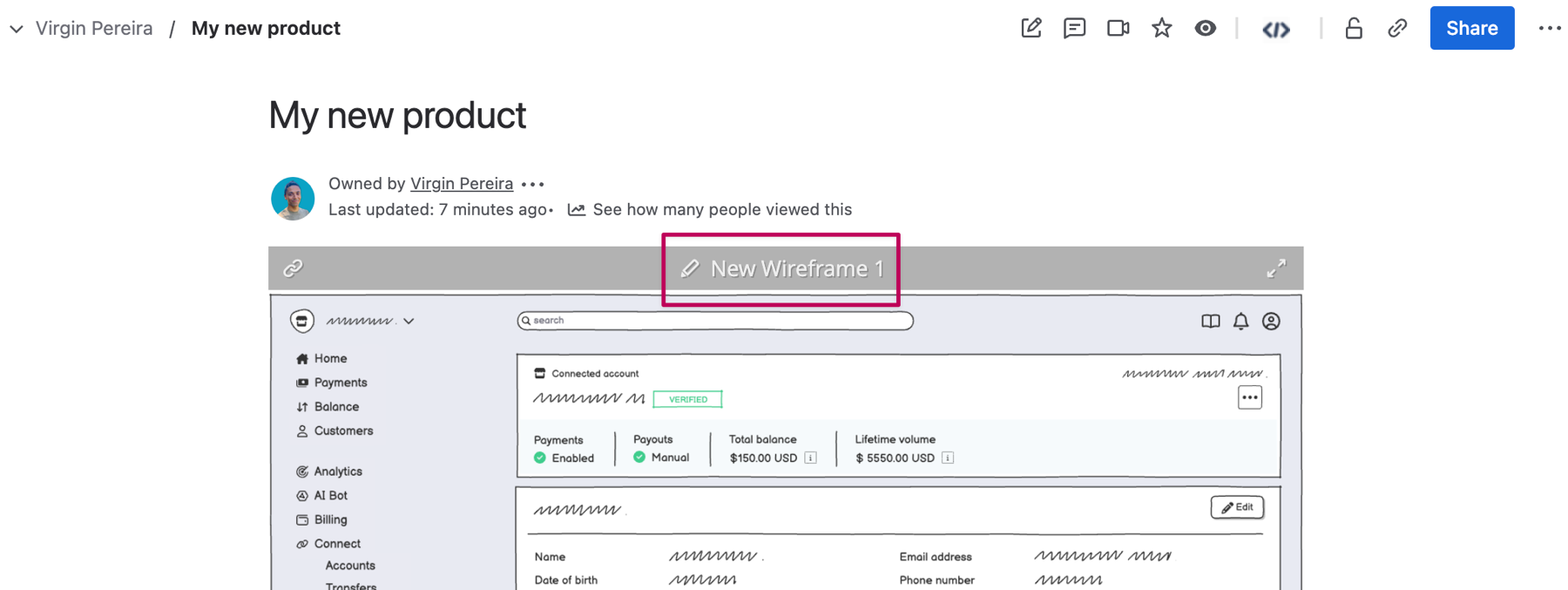 Confluence page with Balsamiq macro header showing wireframe title and edit options.