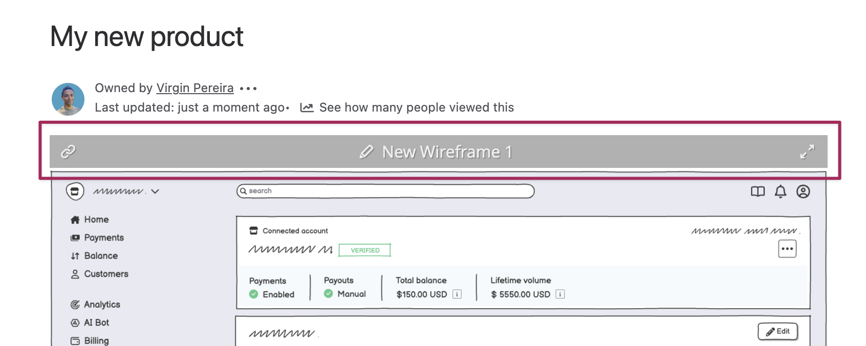 Screenshot of a Confluence page with the Balsamiq macro highlighted, ready to be edited or configured to update the displayed wireframe.