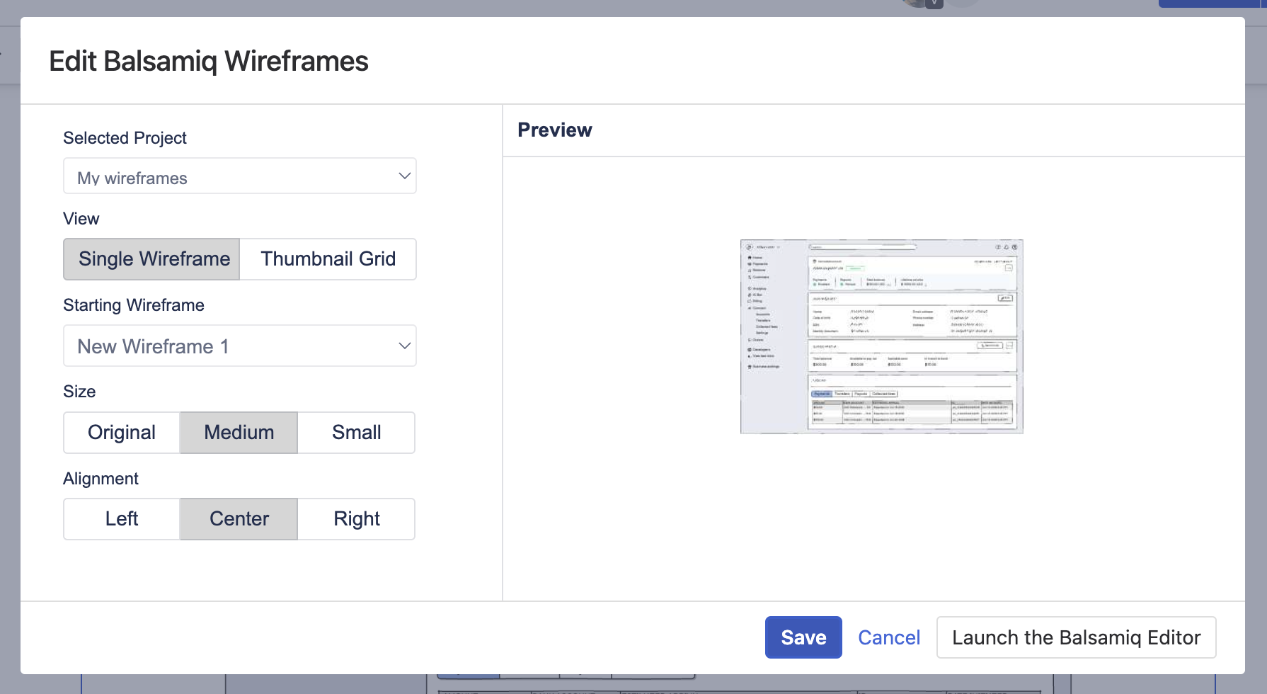 Balsamiq macro editor in light mode with project, view type, wireframe size, and alignment options.