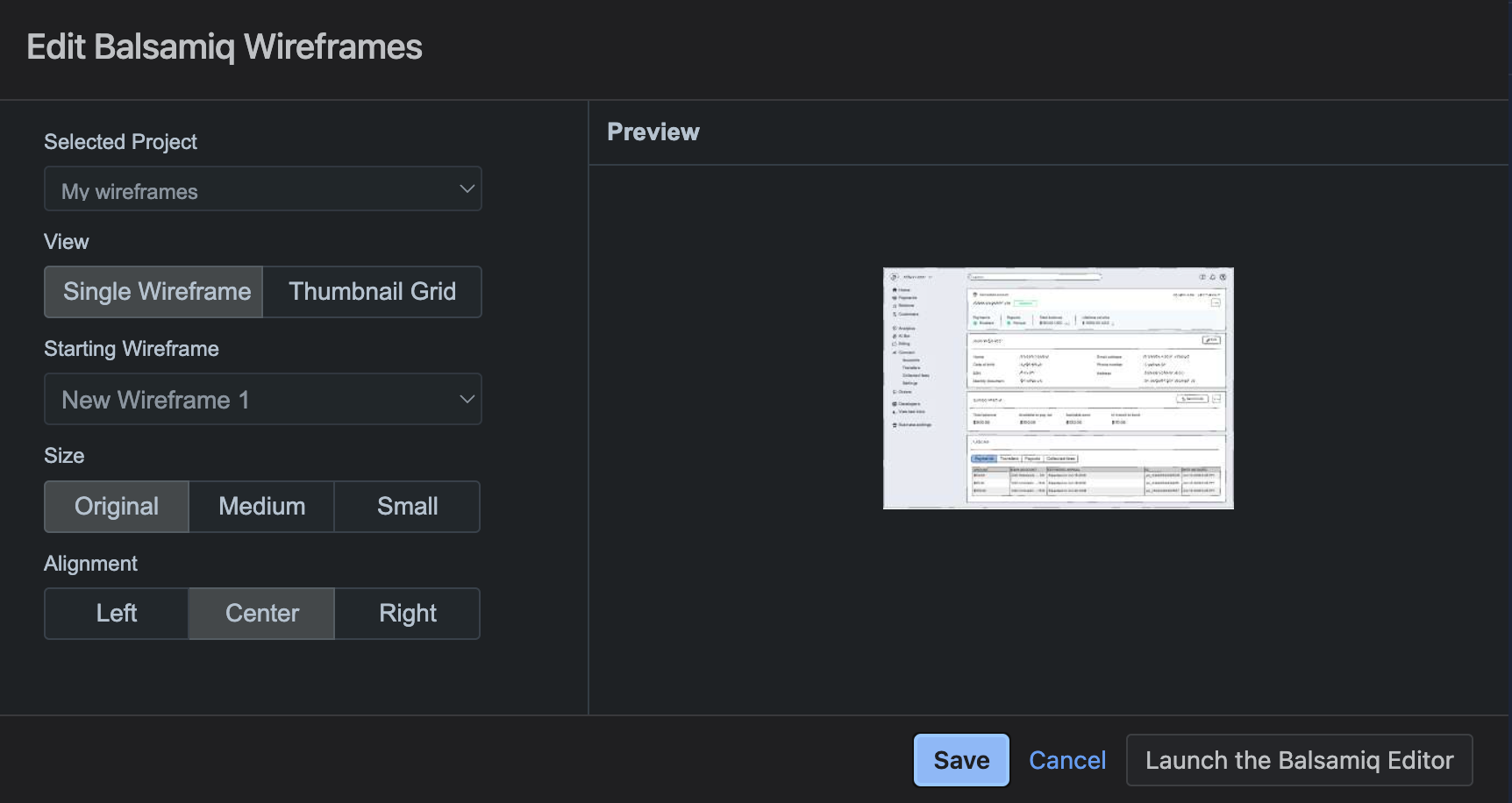 Balsamiq macro editor in dark mode with options for view, starting wireframe, size, and alignment.