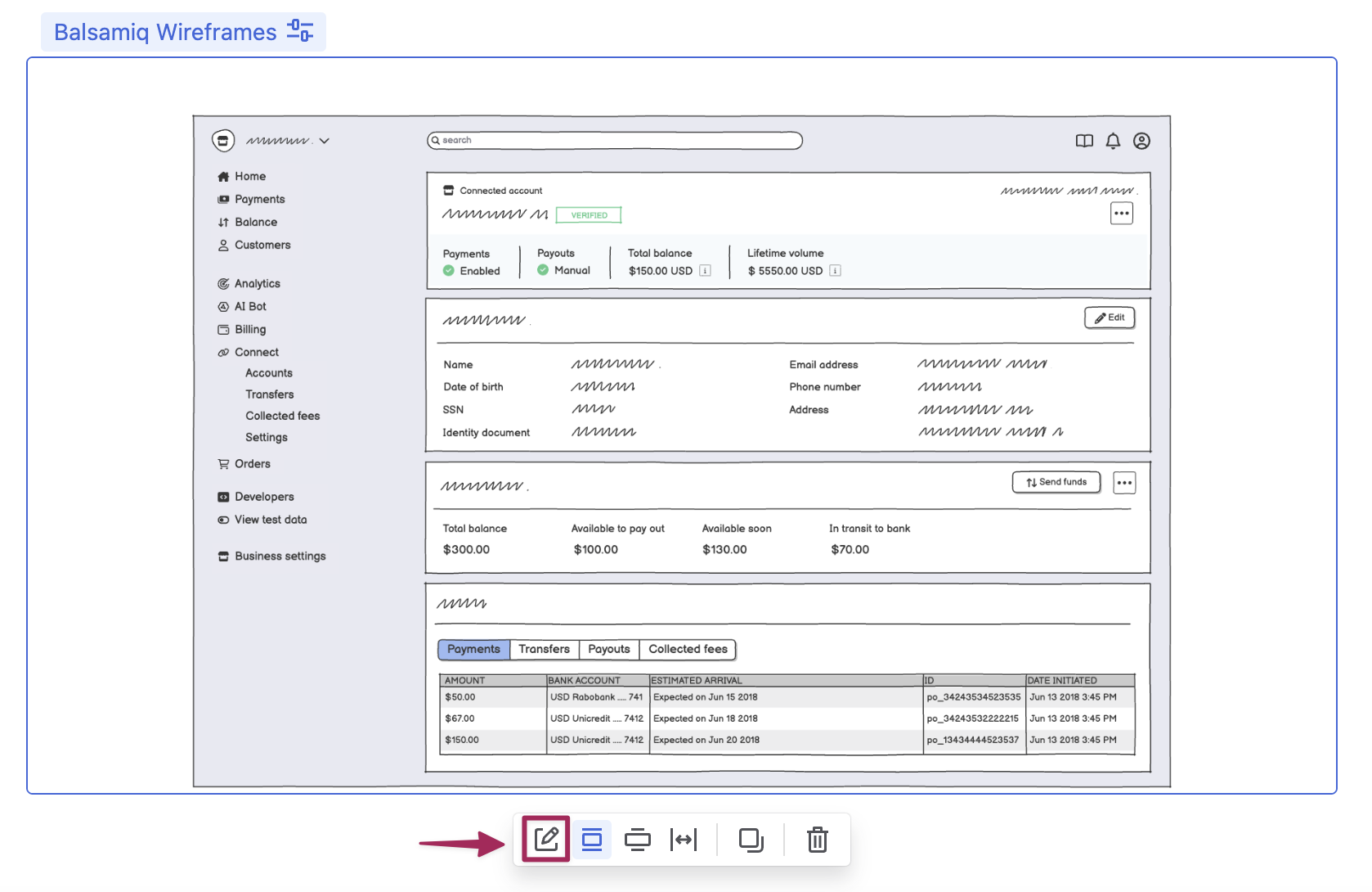 Screenshot of the Balsamiq macro control bar in Confluence, with the edit icon highlighted to launch the Balsamiq editor for updates.
