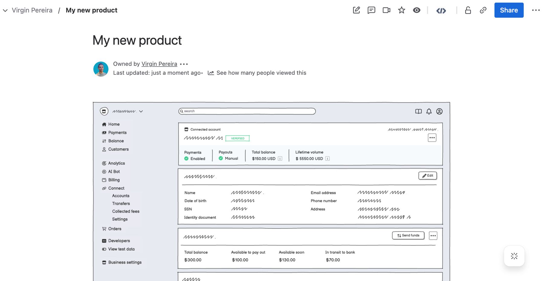 Confluence page showing a wireframe embedded via the Balsamiq macro for easy viewing.