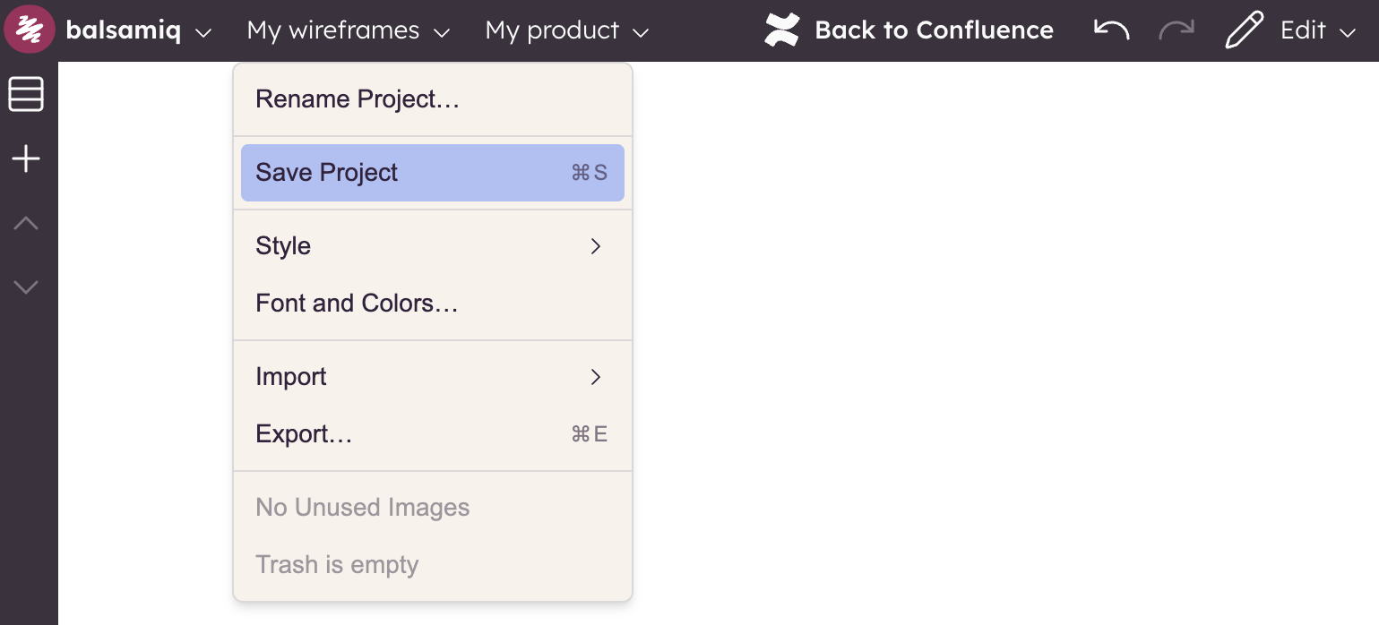 Balsamiq Project menu highlighting Save Project to publish edits to the shared Confluence page.