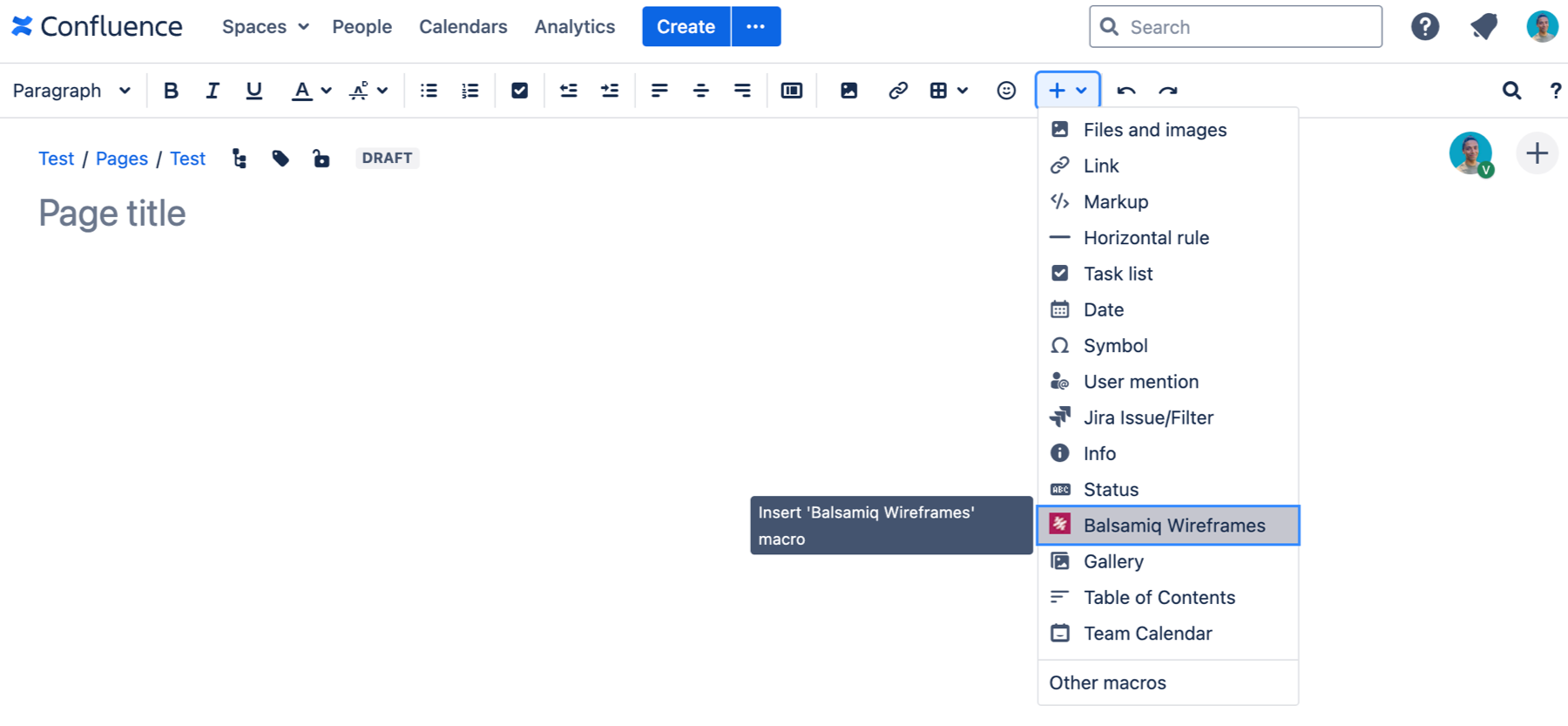 Insert the Balsamiq Wireframes macro in Confluence to create or import wireframes on the page.
