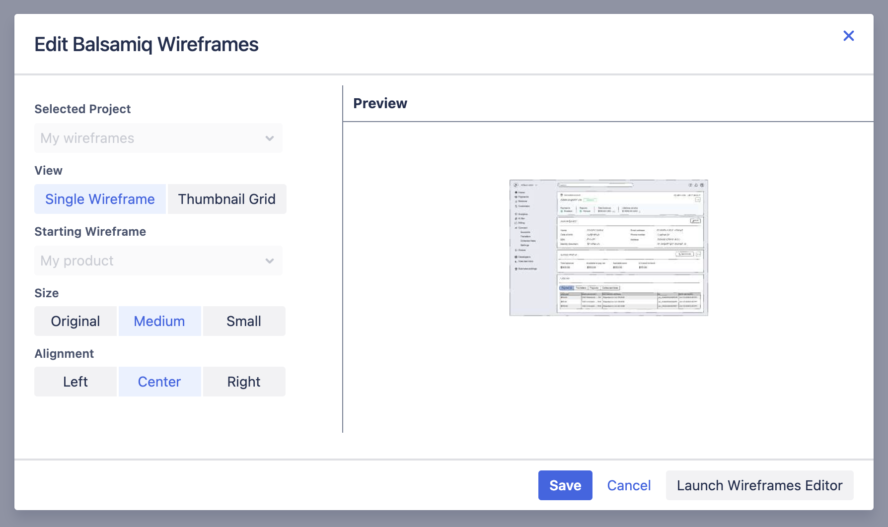 Screenshot of the Balsamiq macro editor in Confluence, showing options to set view, size, alignment, and preview the wireframe.