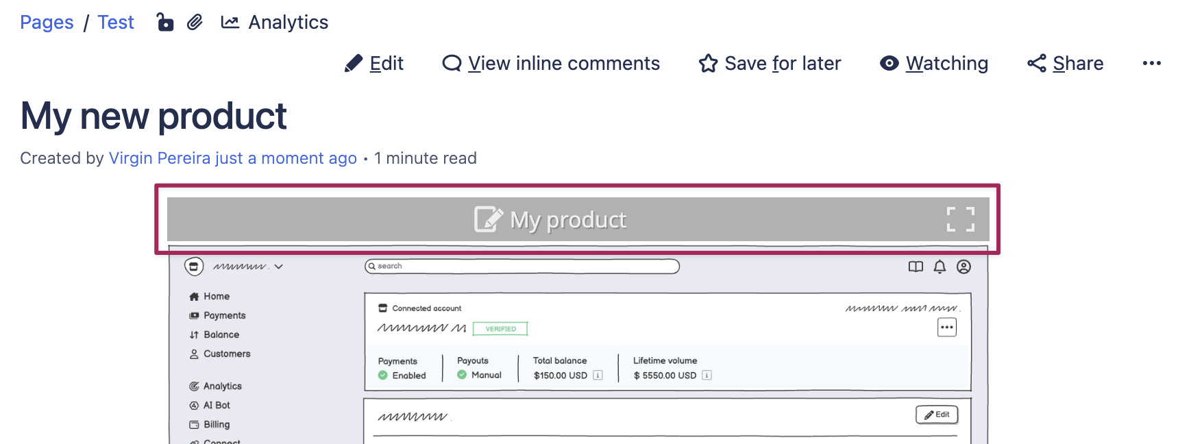 Screenshot of a Confluence page with the Balsamiq macro highlighted, ready to be edited or configured to update the displayed wireframe.
