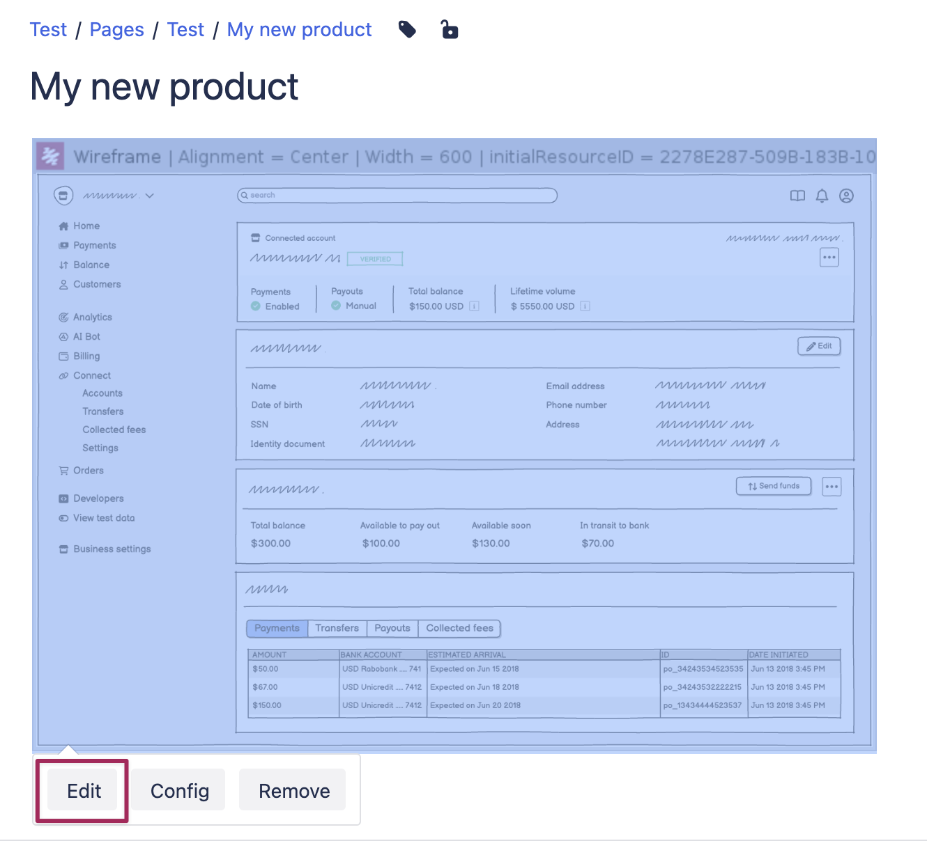 Screenshot of a Confluence page with the Balsamiq macro highlighted and the Edit button selected to modify a wireframe.