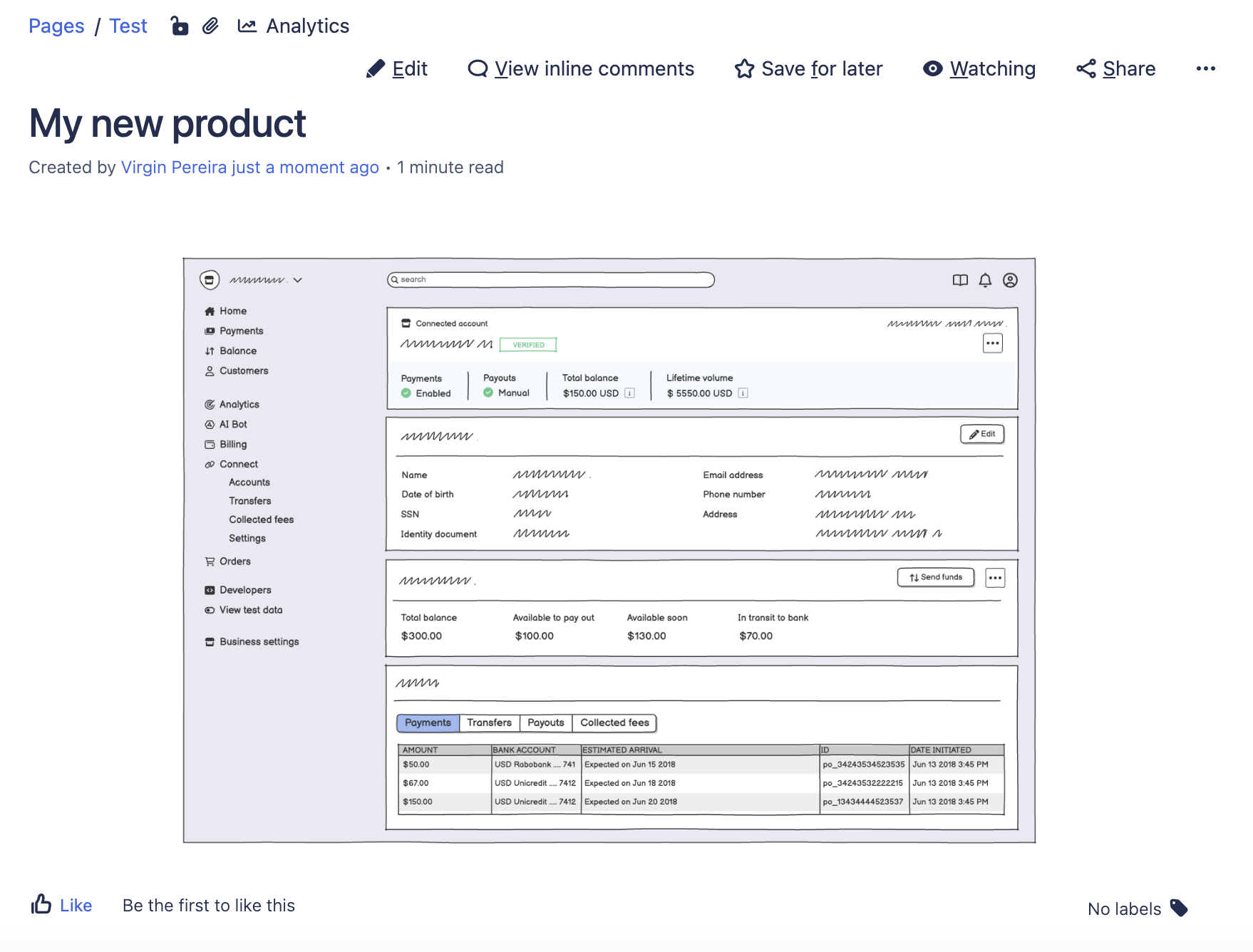 Confluence page showing a wireframe embedded via the Balsamiq macro for easy viewing.