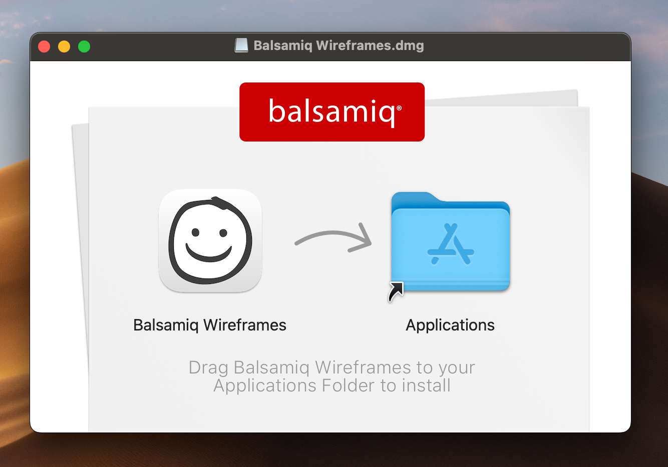 macOS installer: drag Balsamiq Wireframes into Applications to finish setup.