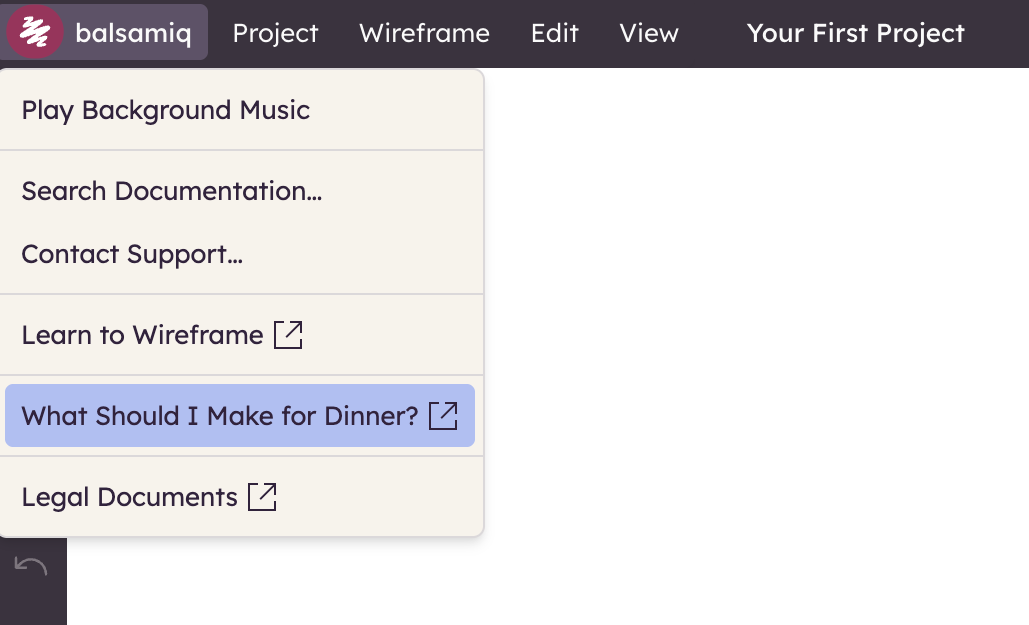 Screenshot of the Balsamiq menu highlighting the “What Should I Make for Dinner?” option for quick recipe ideas.