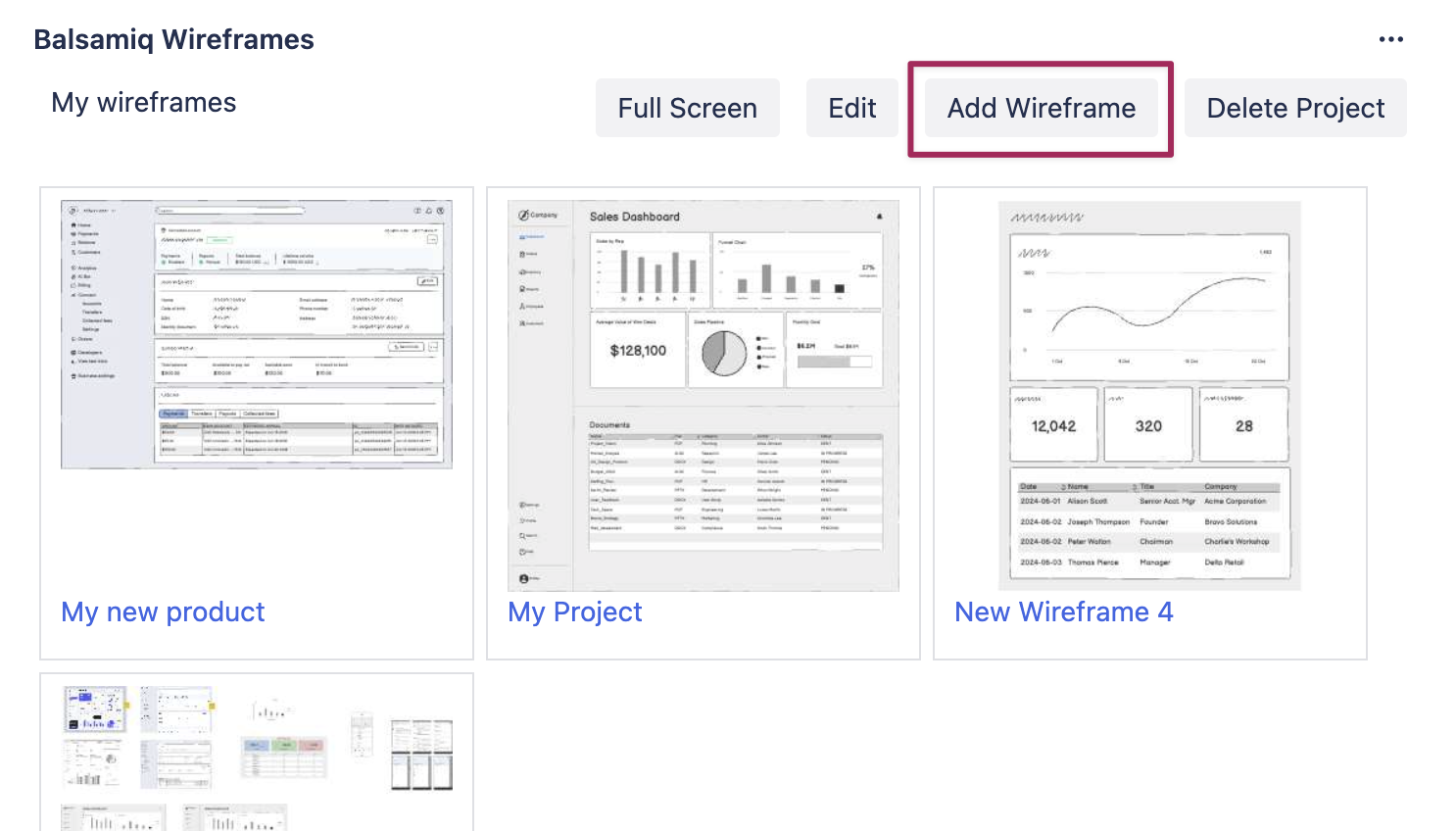 Screenshot of the Balsamiq panel in Jira with the Add Wireframe button highlighted to create a new wireframe in the project.