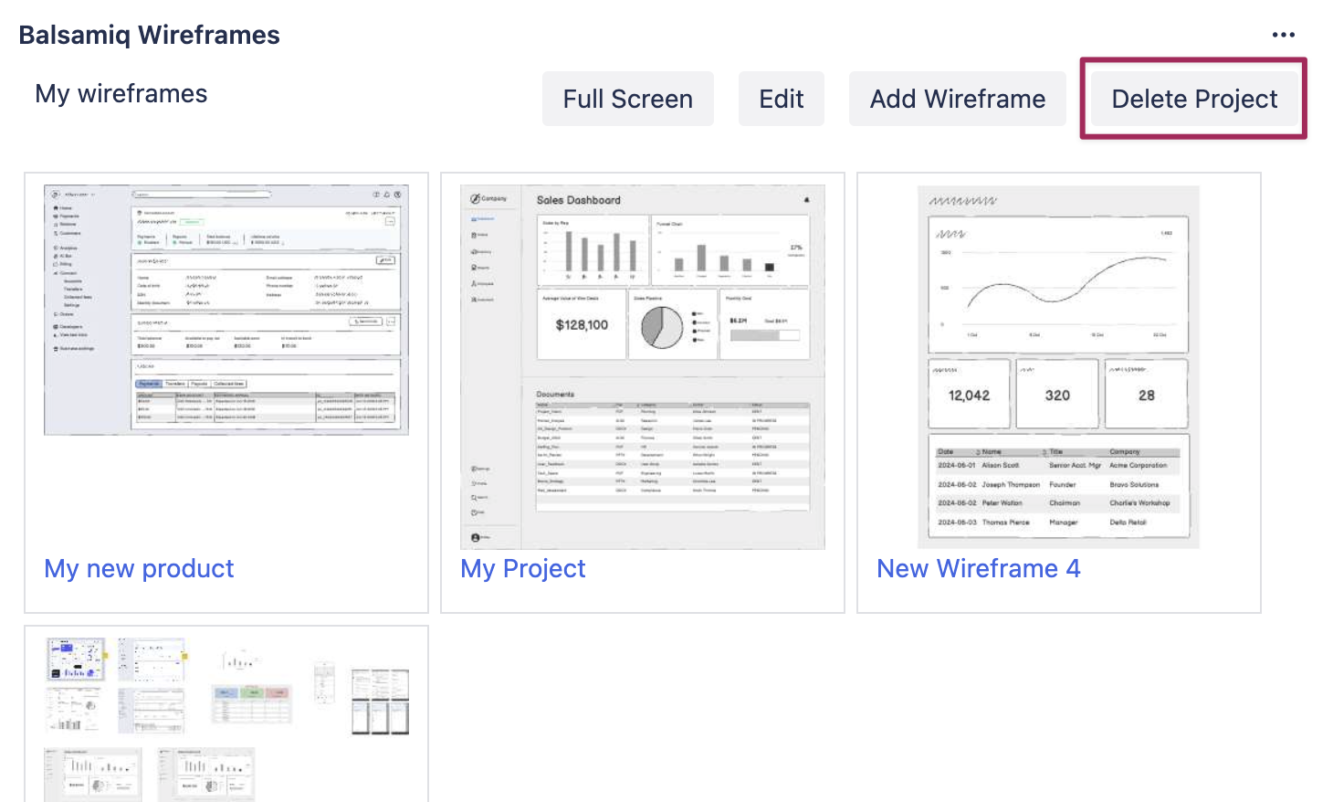 Screenshot of the Balsamiq panel in Jira with the Delete Project button highlighted to remove the project from the issue.