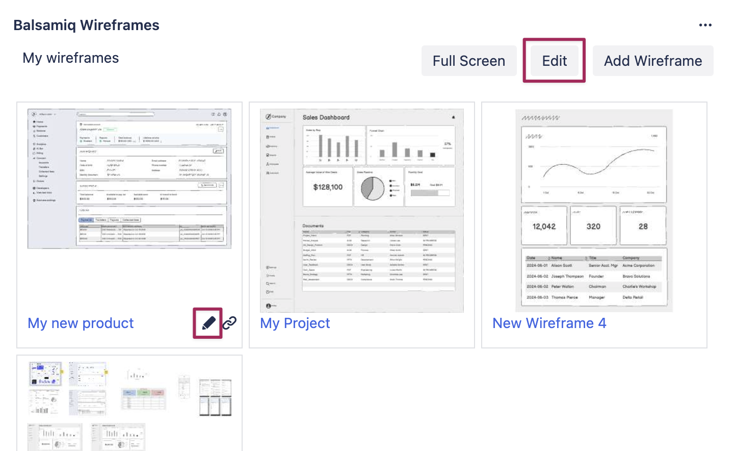 Screenshot of the Balsamiq panel in Jira with the Edit button highlighted to modify the first wireframe in the project.