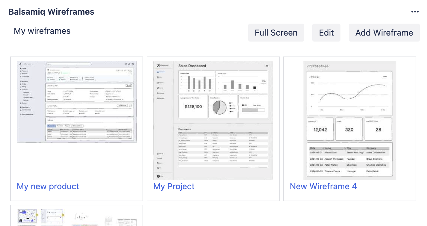 Screenshot of the Balsamiq panel in Jira showing wireframe thumbnails with options for Full Screen, Edit, and Add Wireframe.