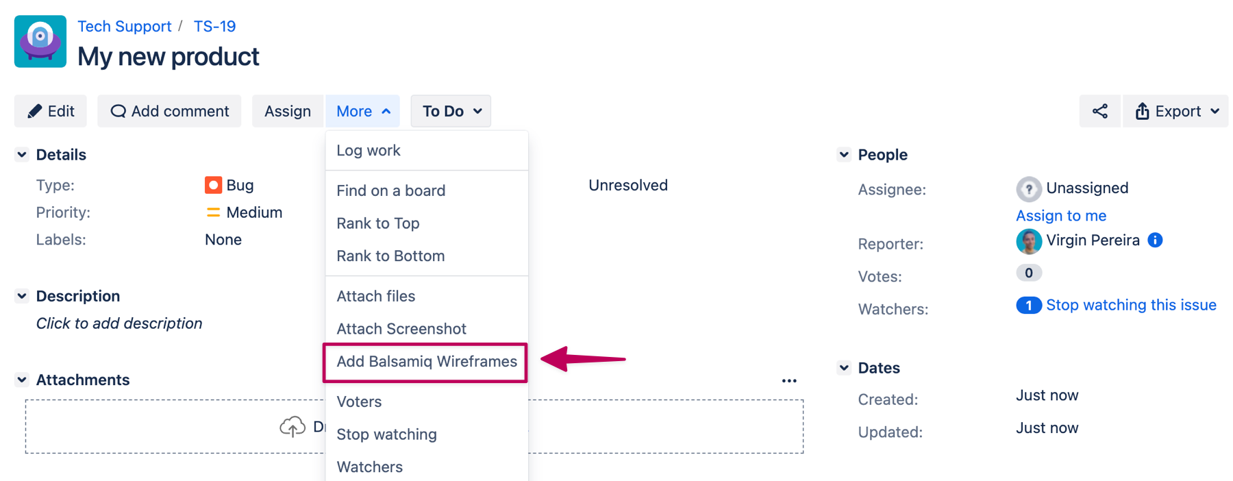 Screenshot of a Jira issue showing the “Add Wireframes with Balsamiq” button to create a new project.