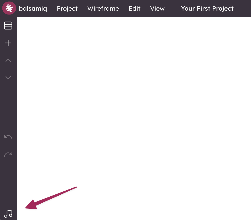 Screenshot of the Balsamiq interface with the background music button highlighted on the left toolbar.