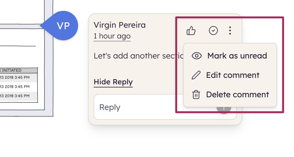 Comment actions include like and mark as resolved to manage feedback