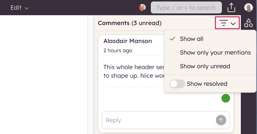 Comment panel filter options to show mentions, unread comments, or resolved threads