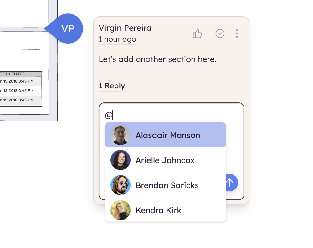 Reply field with mention options to notify teammates in a thread