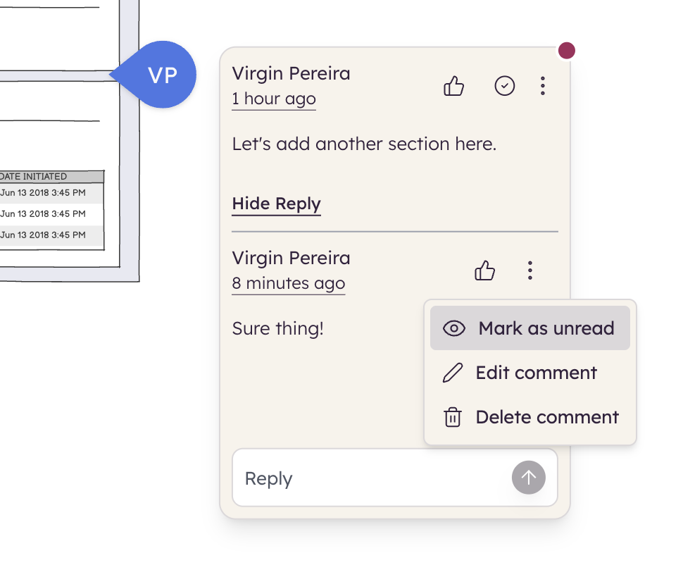 Comment menu with options to mark comment as read or delete it