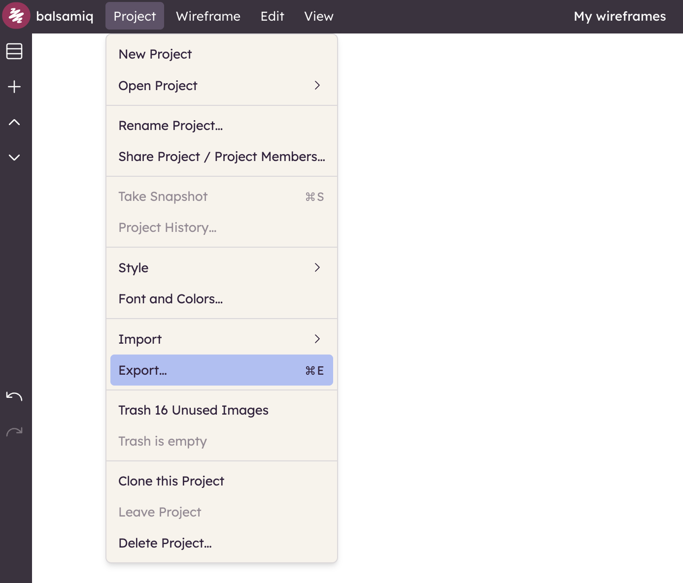 Open the Project menu and select Export to access PDF, PNG, or BMPR export options
