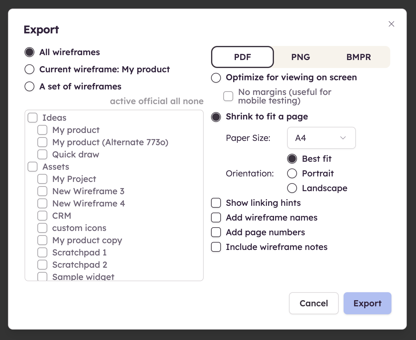 Select wireframes and export options to generate a clickable PDF for sharing or printing.