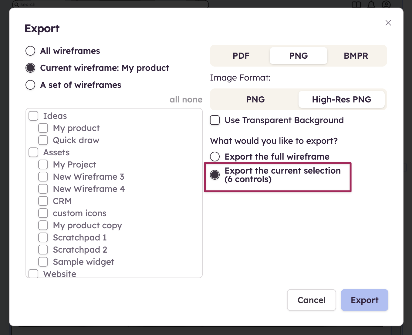 Export selected controls from the current wireframe as PNG for more focused sharing or documentation