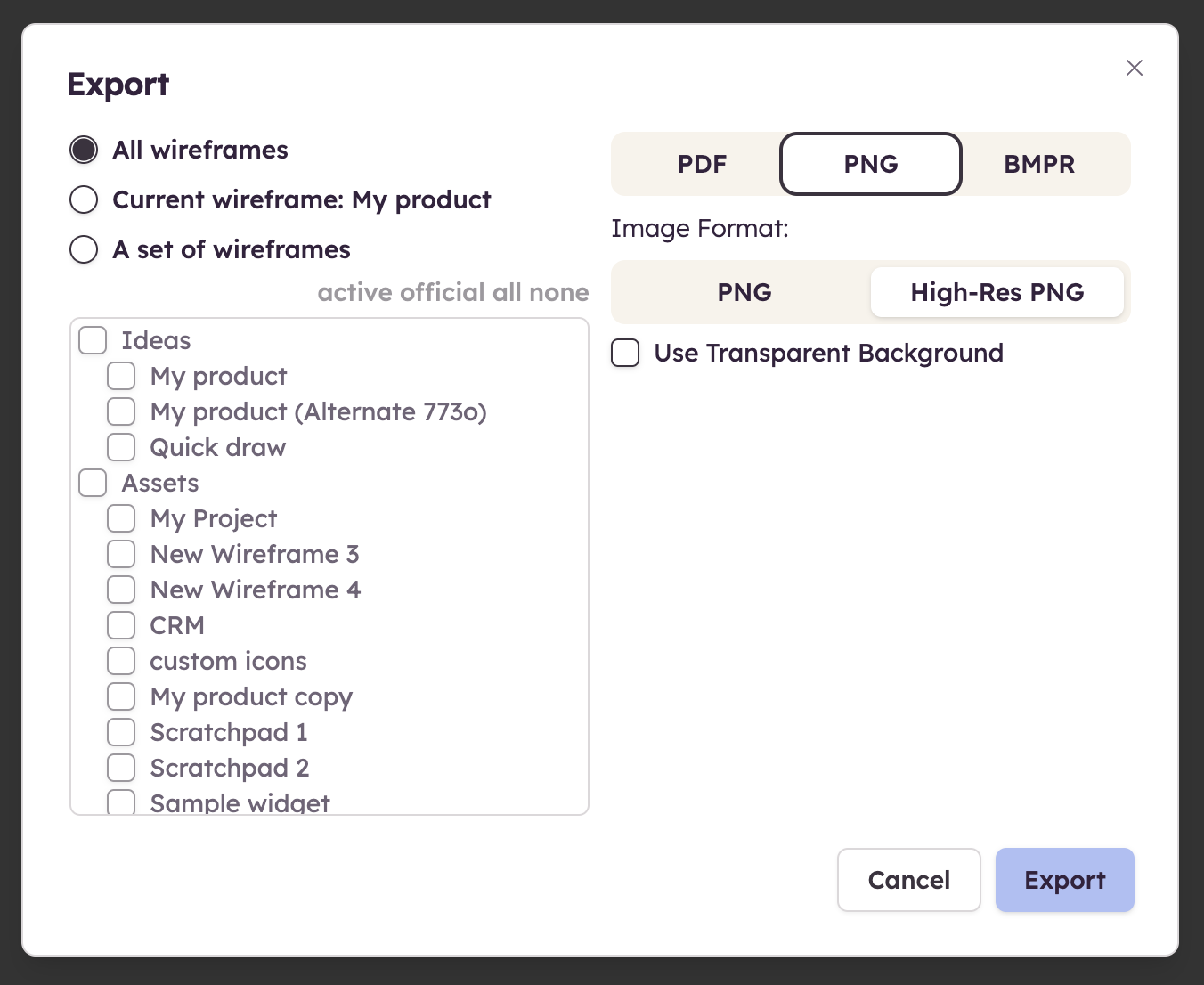 Export all wireframes as PNGs with options for resolution and transparent background