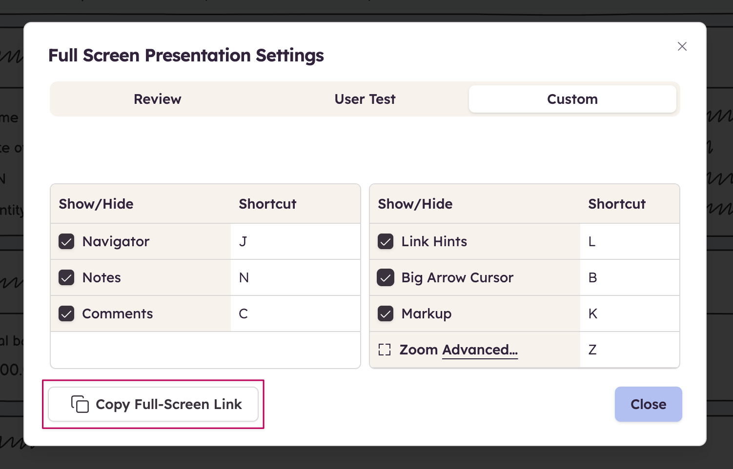 Customize Full Screen Presentation settings and copy a shareable link for external review or user testing