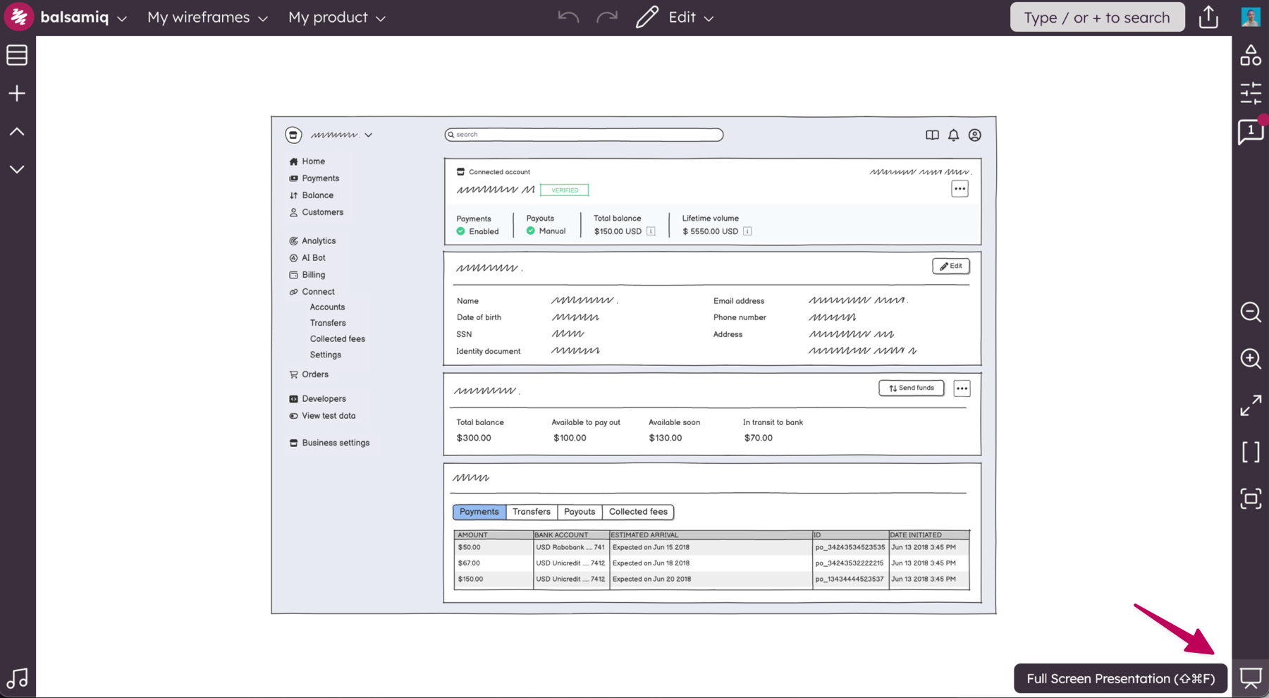 Click the screen icon in the right bar to enter Full Screen Presentation mode for interactive wireframe sharing