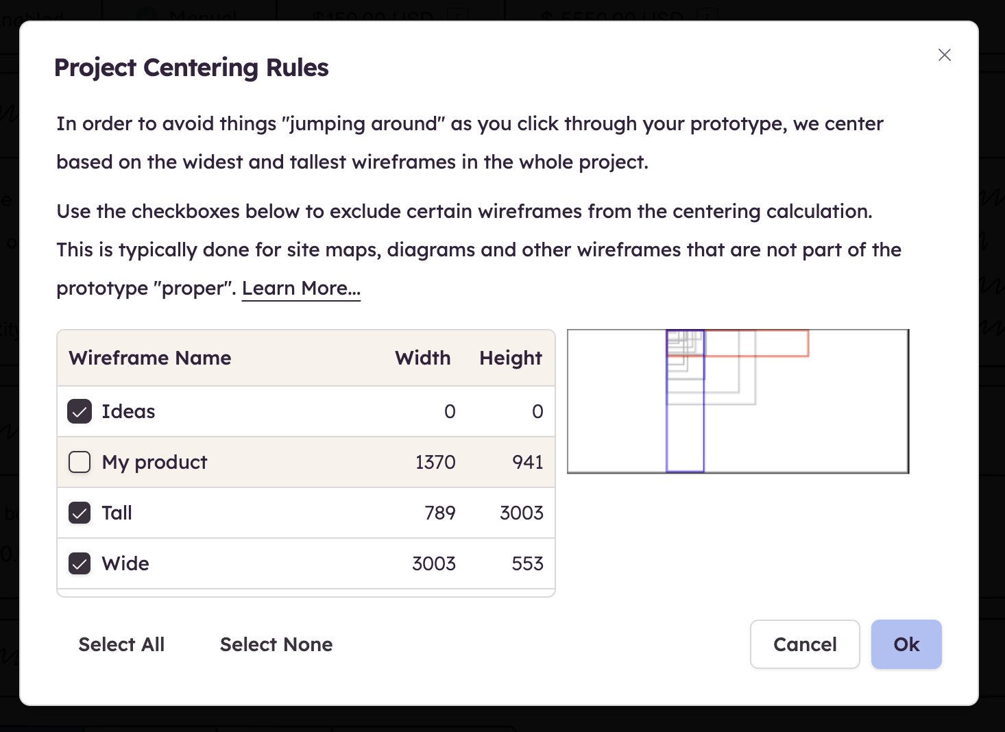 Project Centering Rules dialog showing wireframe sizes with options to exclude outliers for better centering in presentations