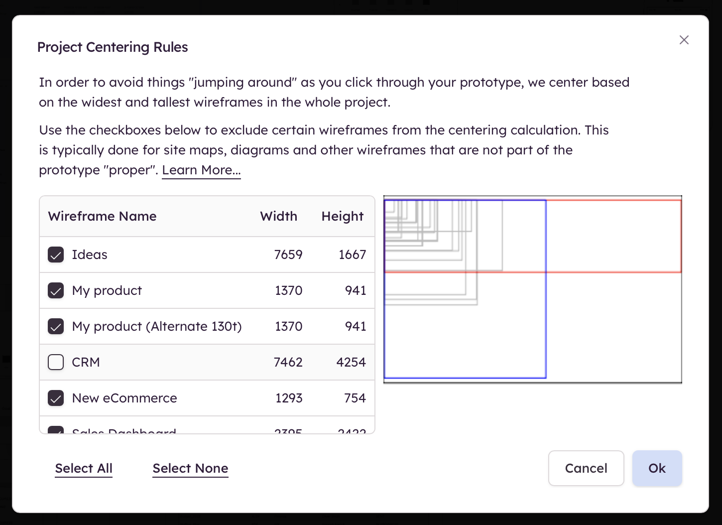 Project Centering Rules dialog showing wireframe sizes with options to exclude outliers for better centering in presentations