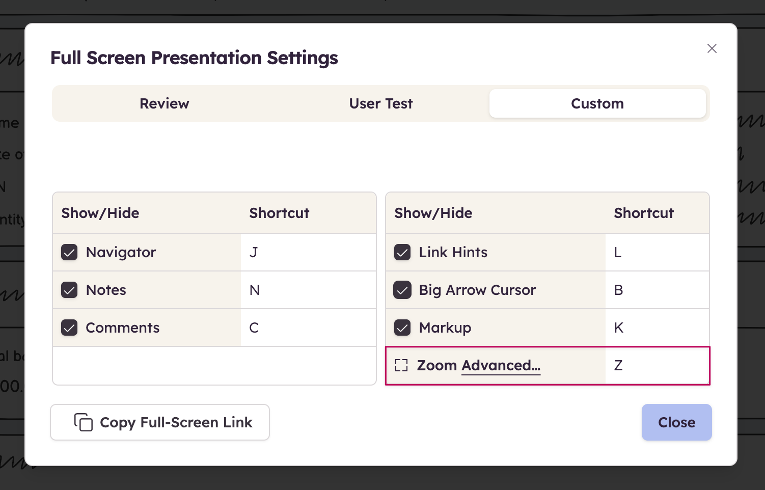 Custom Full Screen Presentation Settings with options to toggle navigator, notes, comments, link hints, cursor, and markup