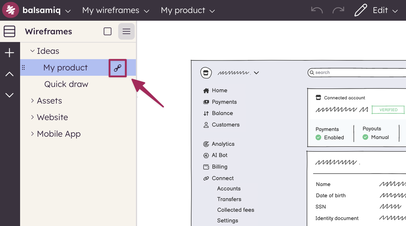 Click the link icon next to a wireframe to copy or update the image link to your clipboard