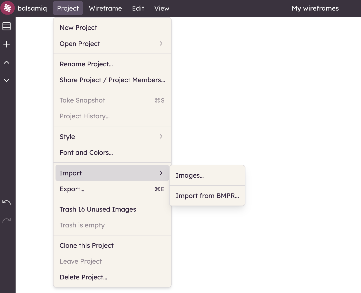 Use the Project > Import menu to bring in images or wireframes from another Balsamiq project into your current project