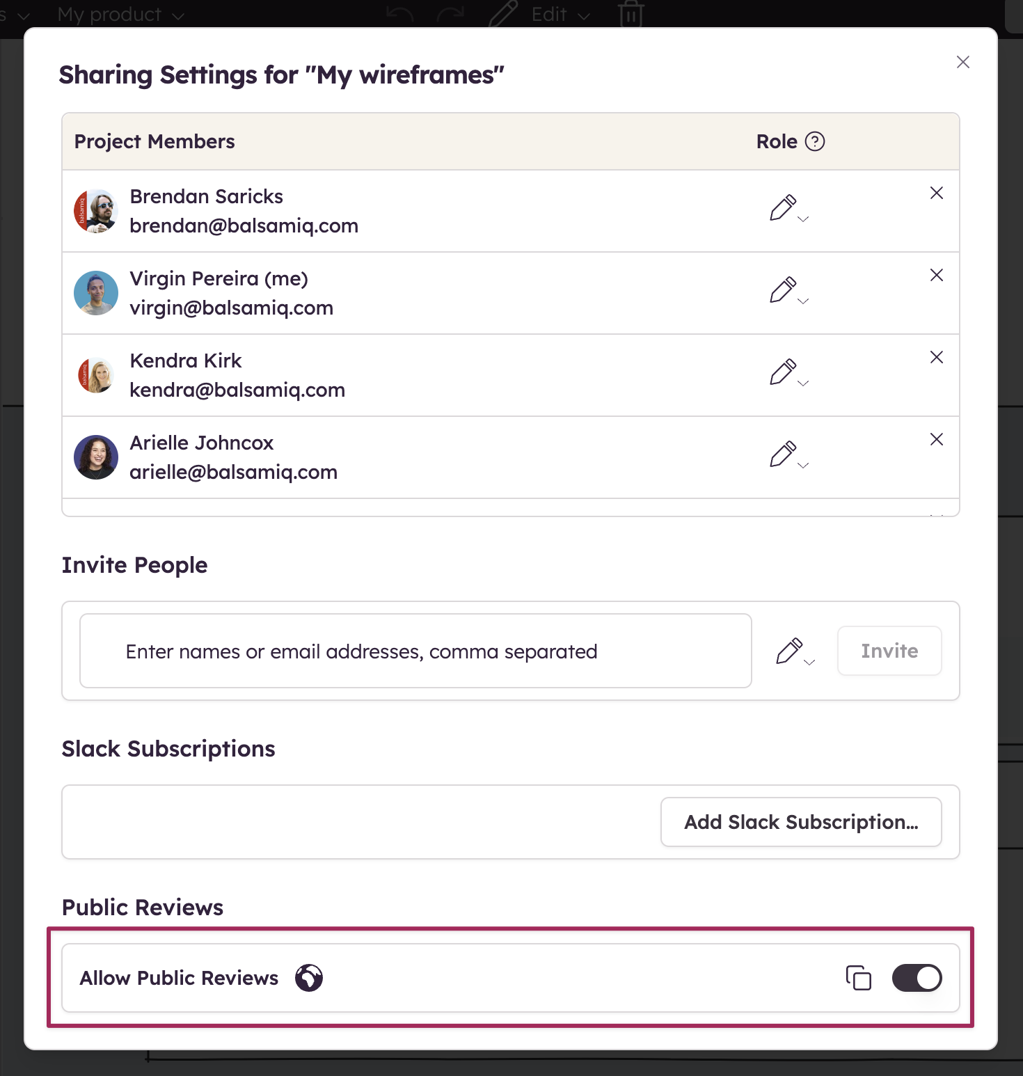 Enable public reviews in Balsamiq to let anyone with the link view and comment on a project without login