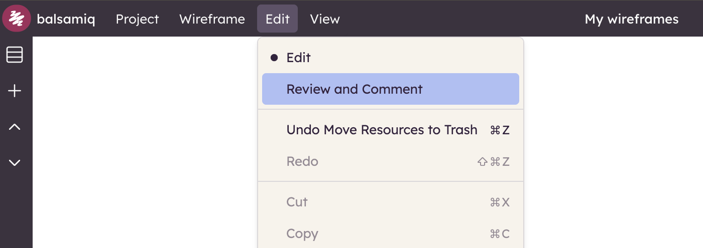 Access review mode from the Edit menu to start commenting on wireframes