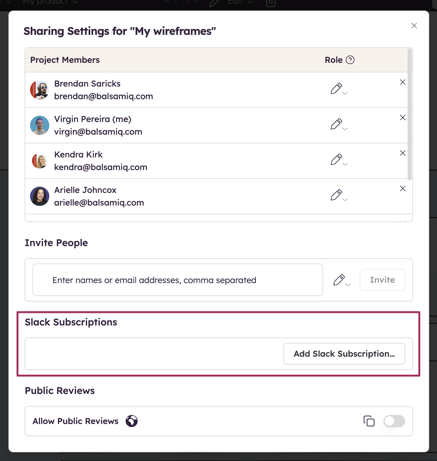 Sharing Settings panel showing where to add a Slack subscription to a Balsamiq project.
