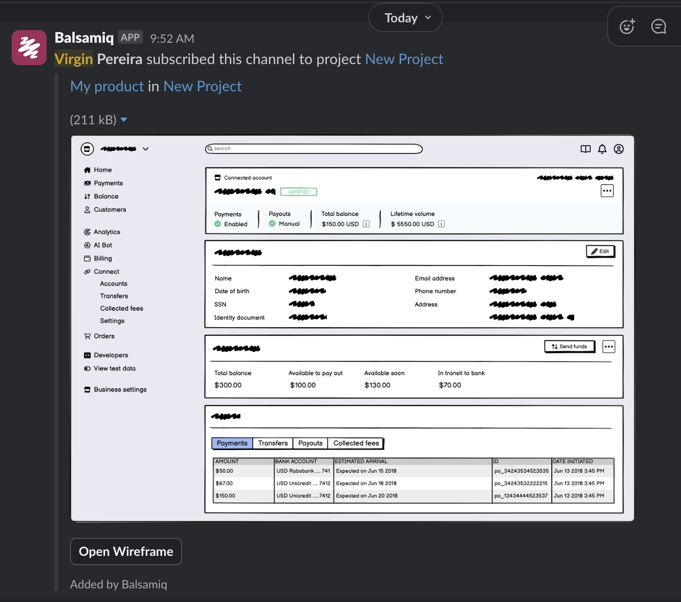 Slack message from Balsamiq bot showing a wireframe update with a preview and links to view the project