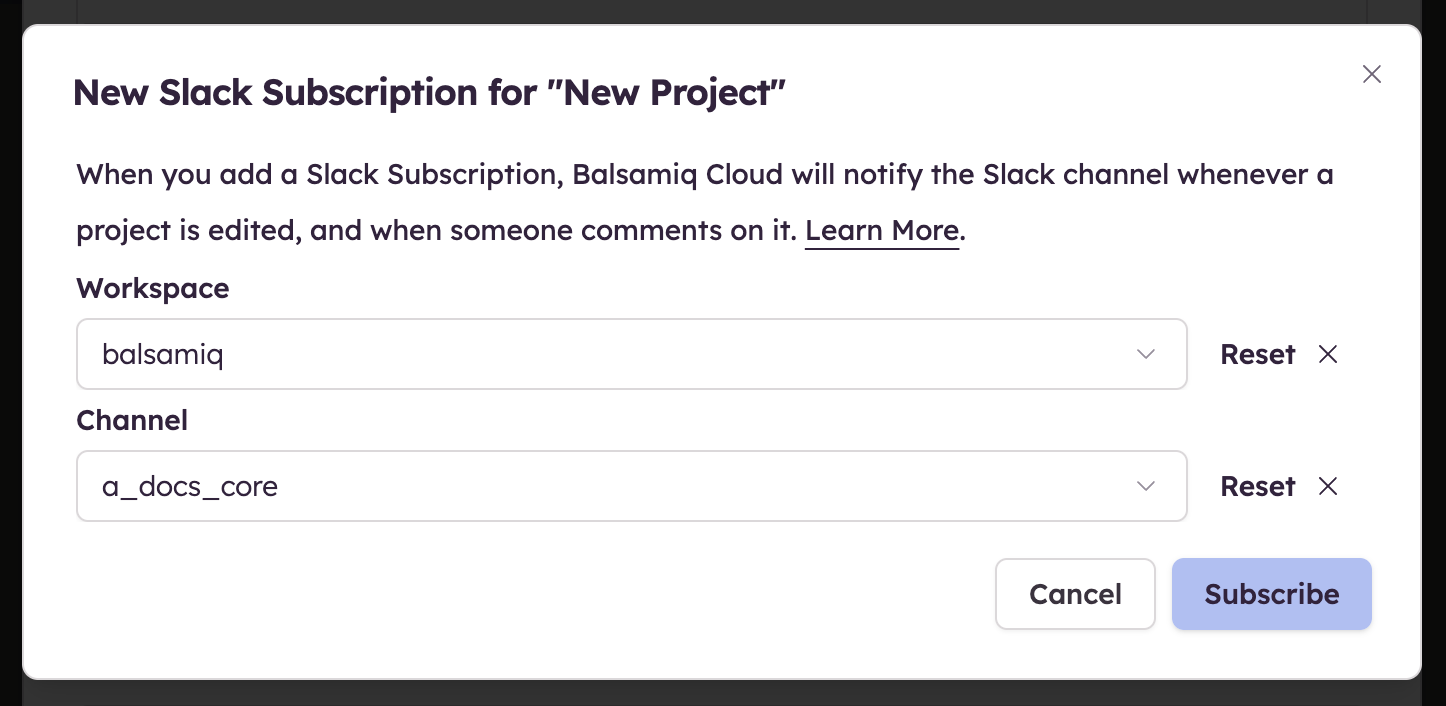 Slack subscription setup dialog with options to select a workspace and channel for project notifications.