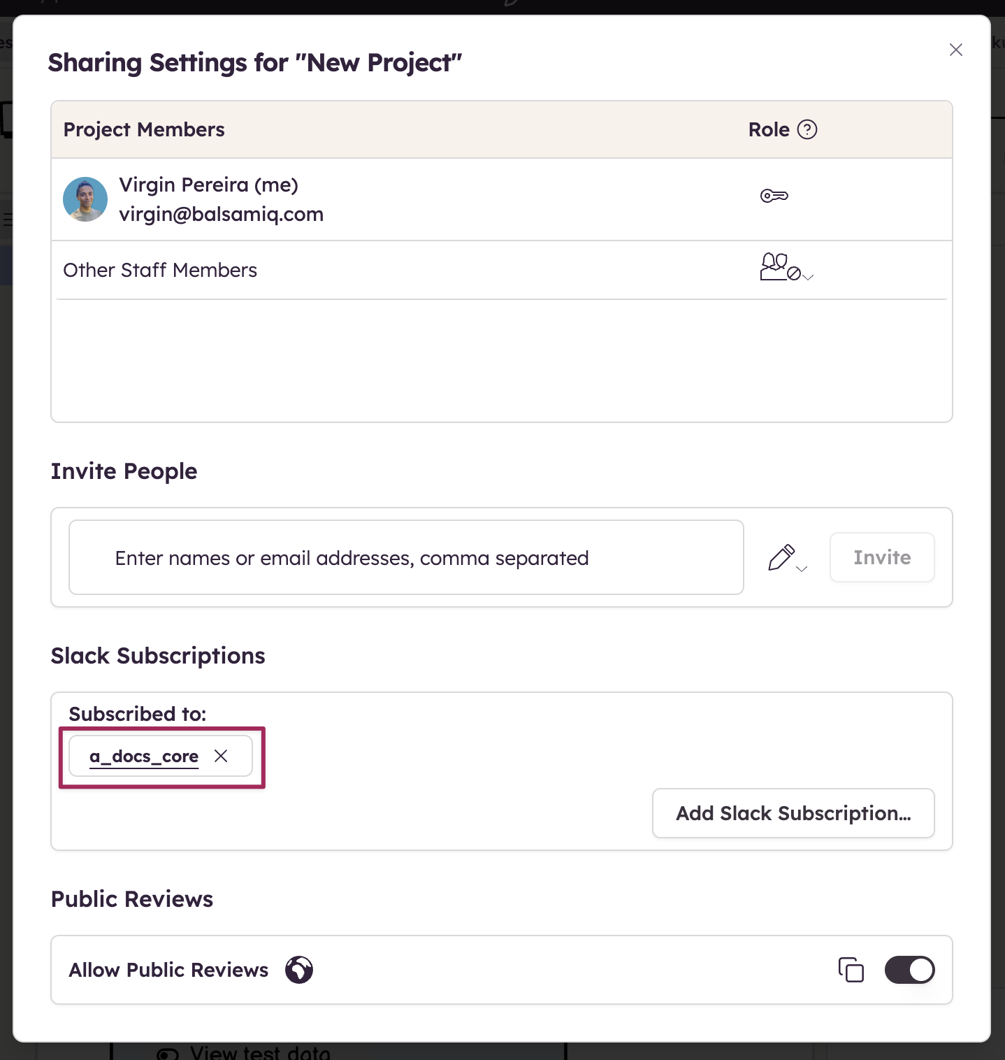 Project settings panel confirming Slack subscription to a specific channel for update notifications.