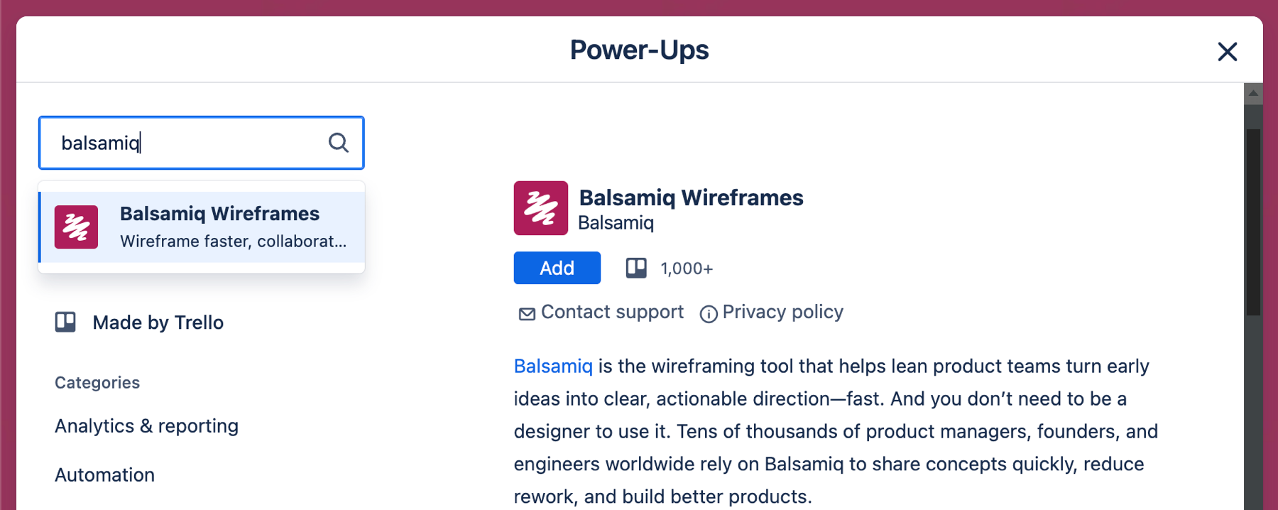 Search for and add the Balsamiq Wireframes Power-Up from the Trello Power-Ups directory