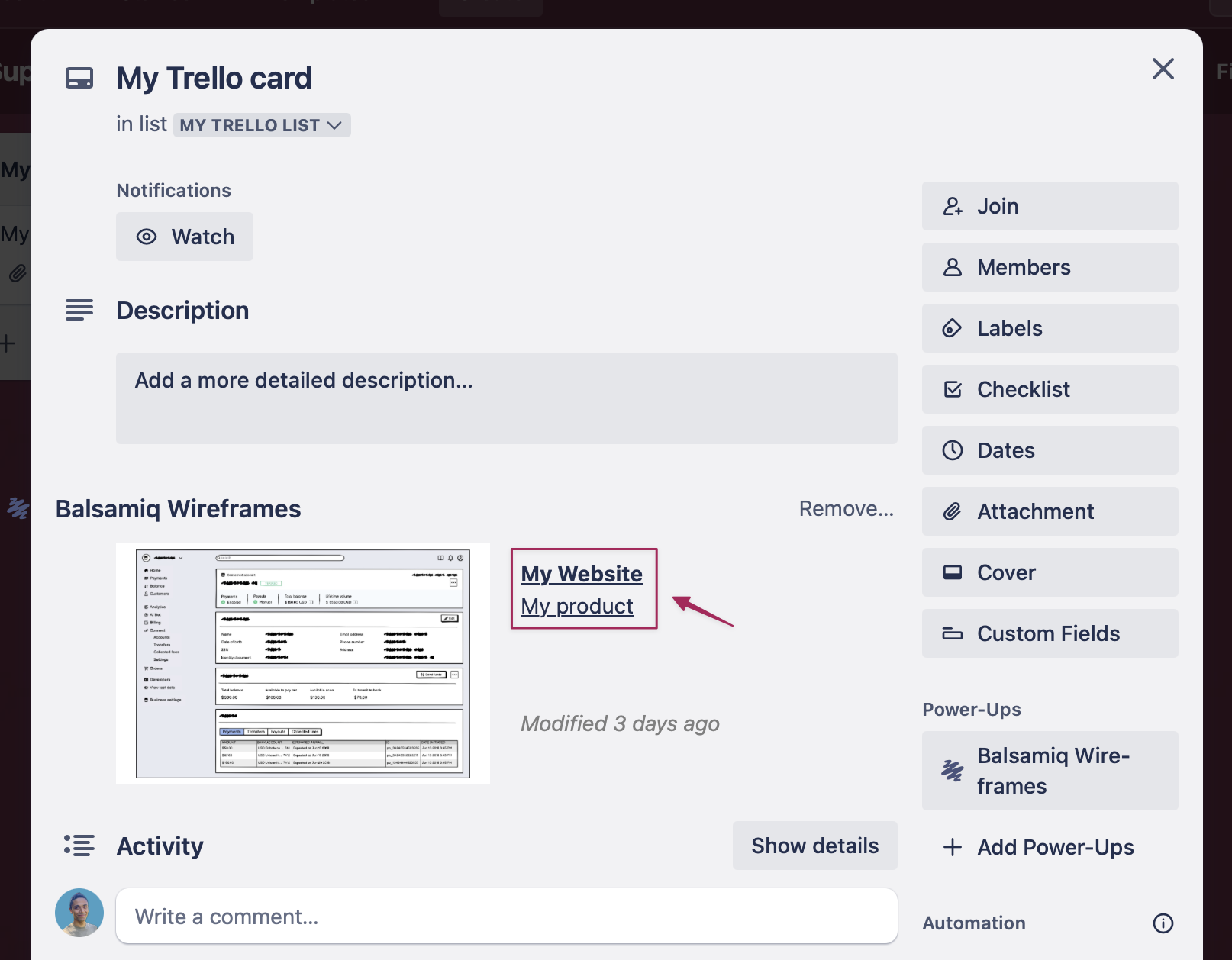 Embedded wireframe preview and clickable project names appear on the Trello card after linking