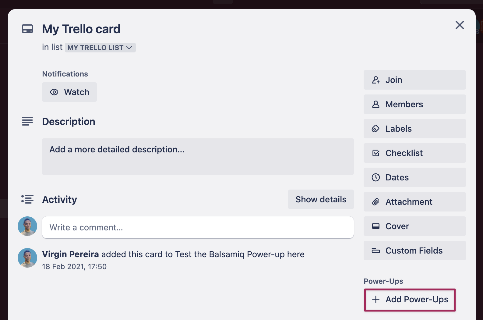 Click 'Add Power-Ups' in a Trello card to integrate Balsamiq Wireframes