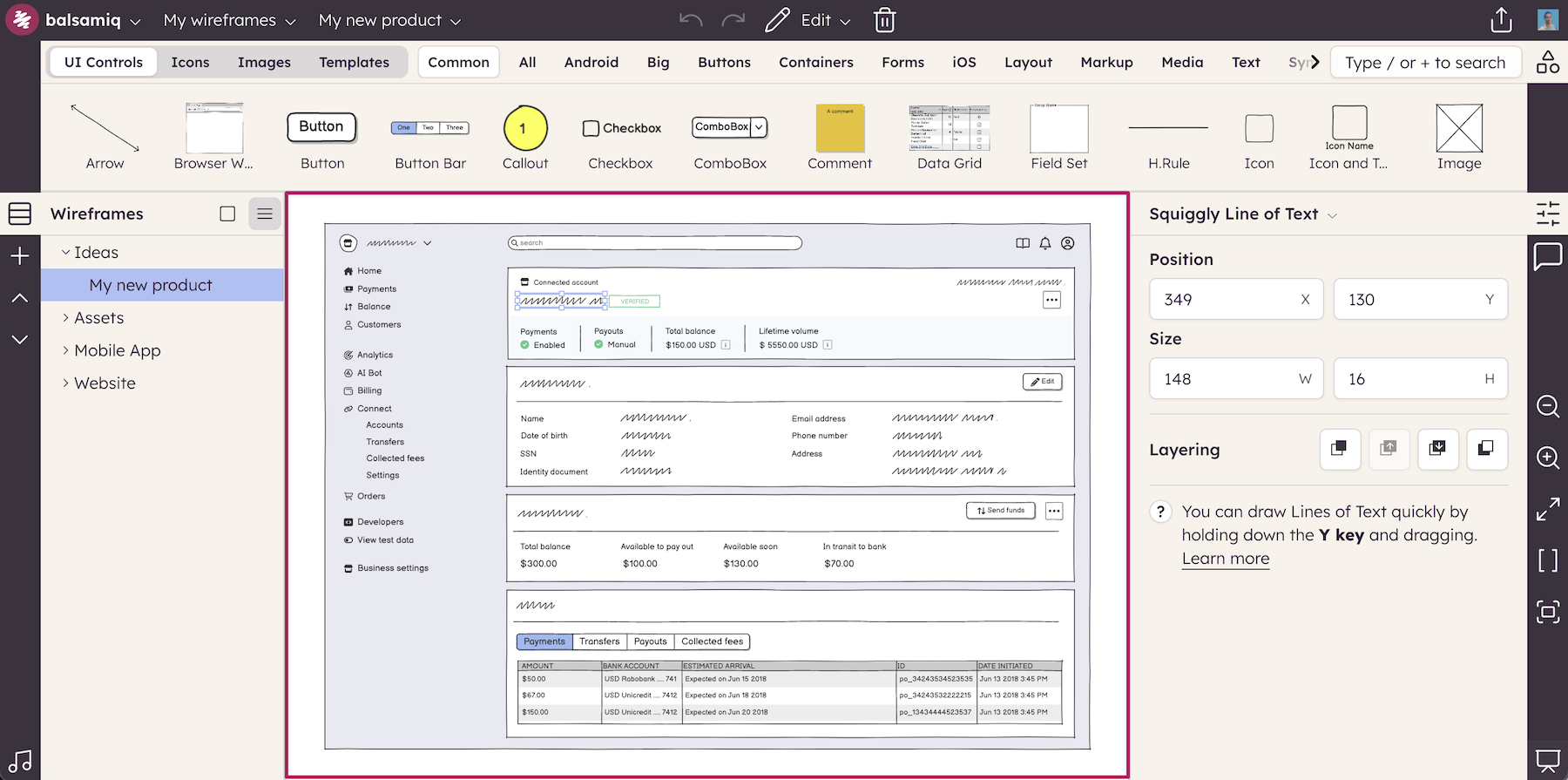 Example wireframe on the canvas showing UI layout and inspector panel for editing element properties.