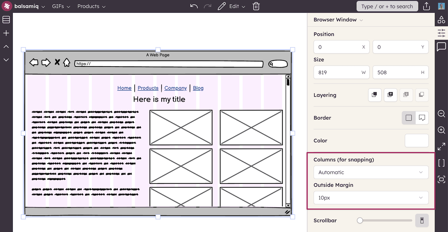 Use column snapping in browser window containers to align text and images neatly.