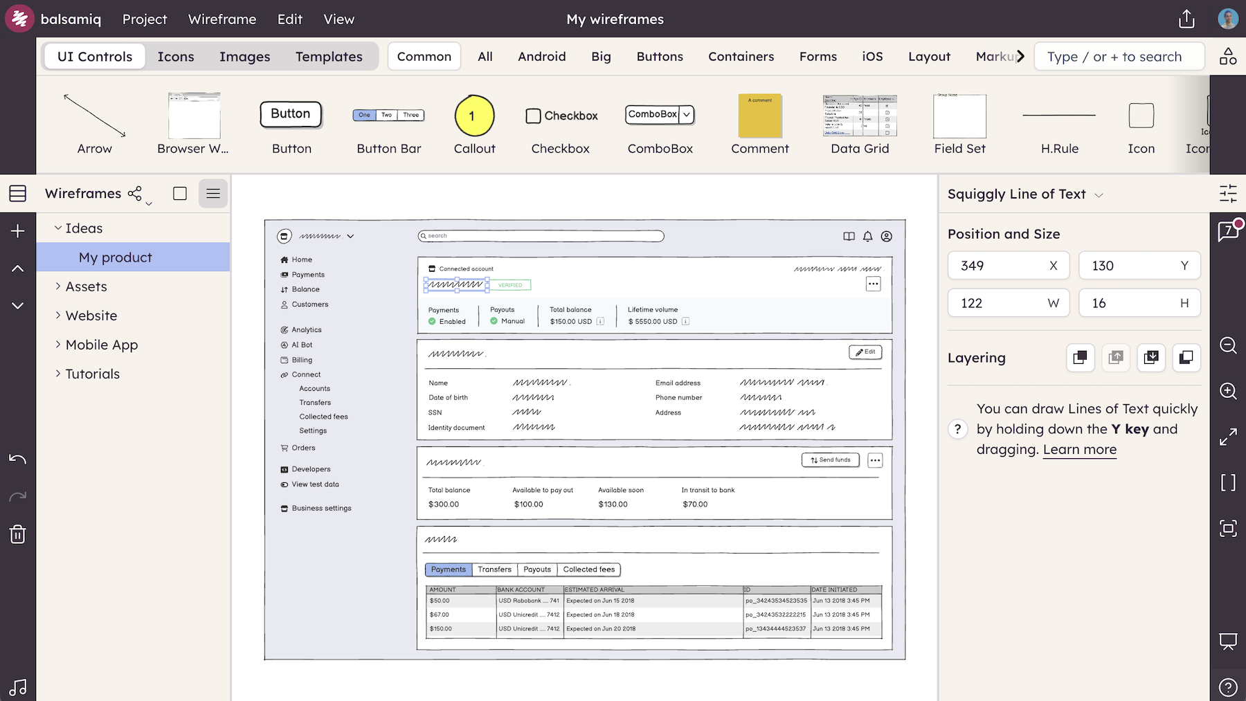 Balsamiq editor showing toolbar, UI library, canvas, navigator, and property inspector while editing a wireframe.