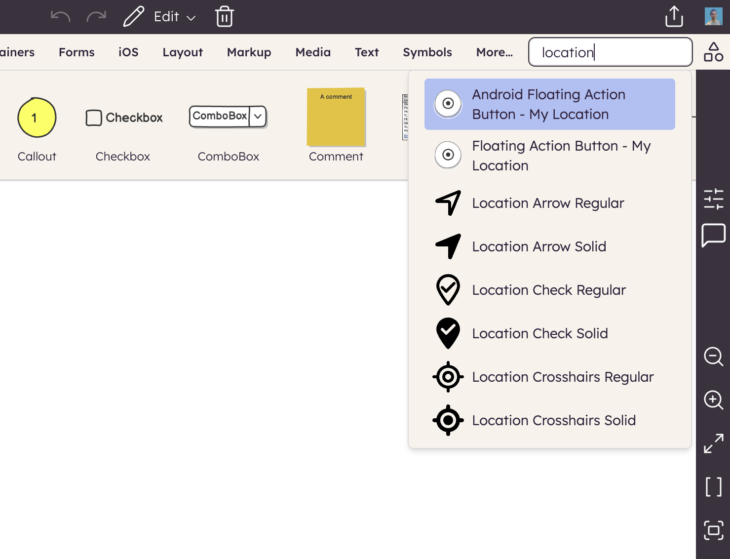 Search results for “location” in Balsamiq, listing location-related icons for wireframe placement.