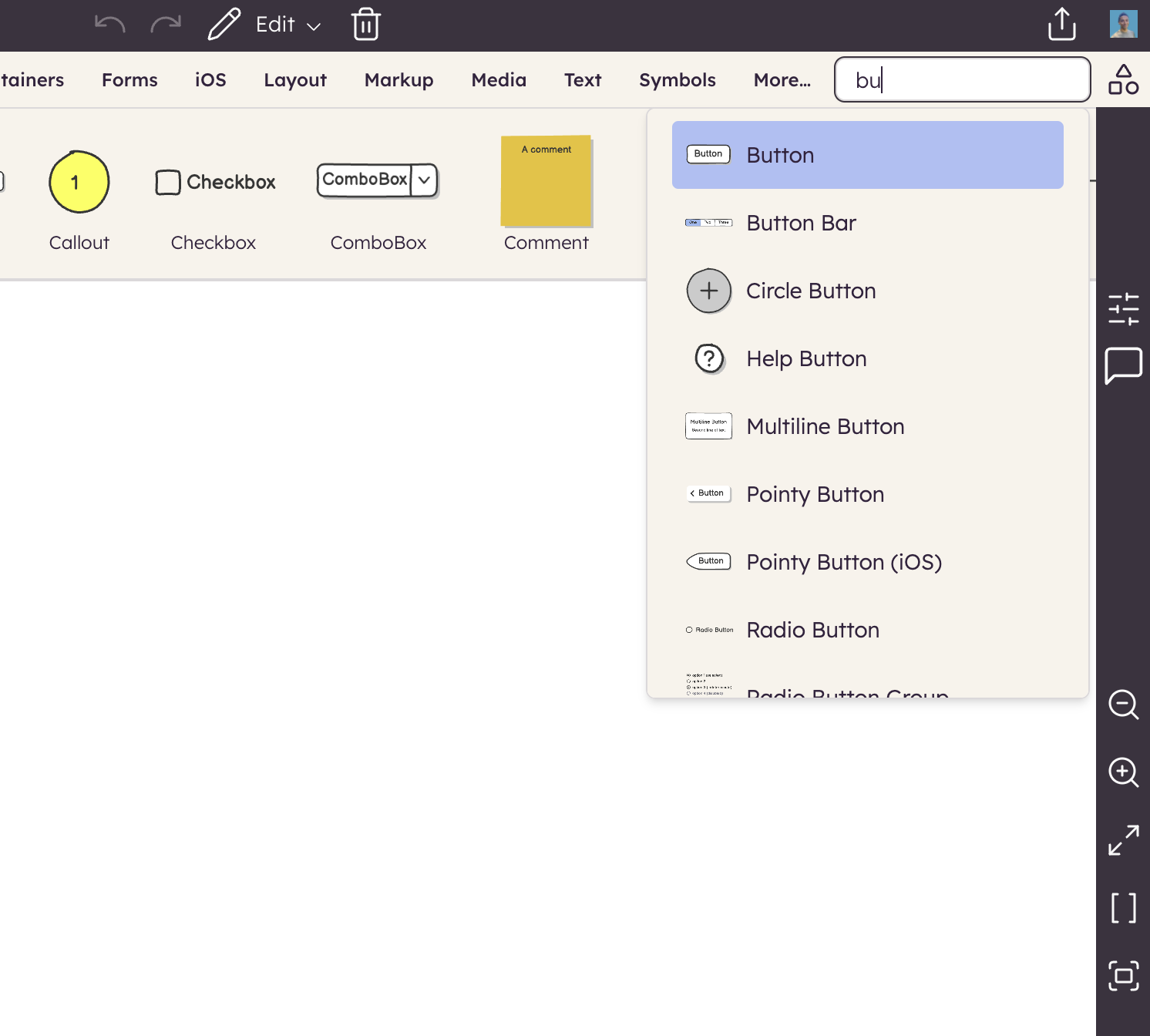 Search results for “bu” in Balsamiq, showing button-related controls to quickly add to the wireframe.