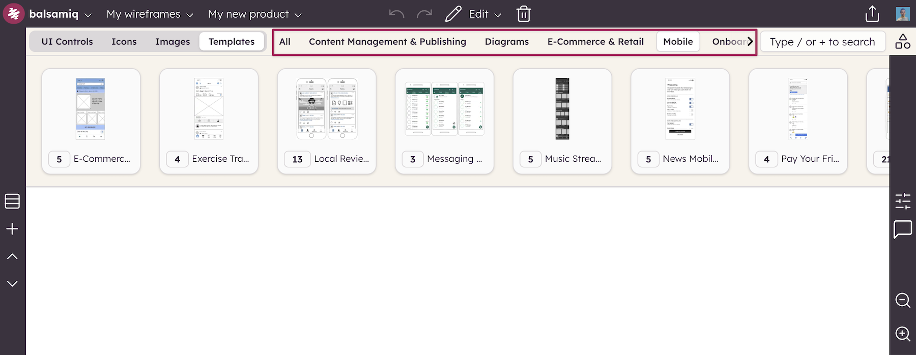 Mobile templates category in Balsamiq UI Library, with examples like messaging, news, and e-commerce layouts.